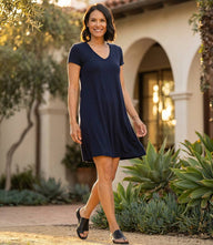 Quinn V-Neck Pocket Dress soft jersey knit with V-neck and side pockets