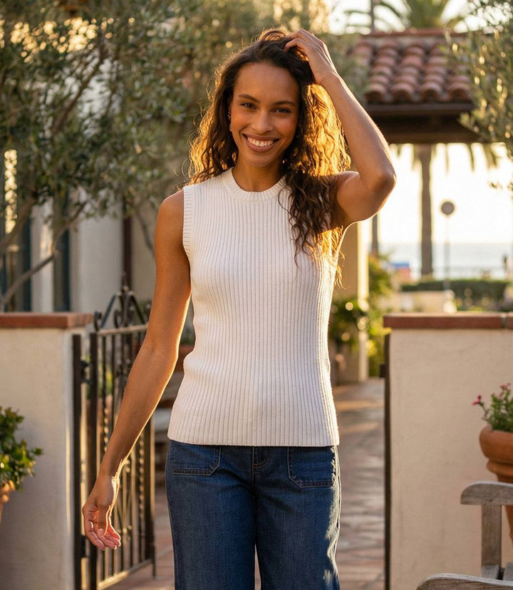 Sleeveless ribbed sweater tank with crew neck and slim fit in soft stretch knit