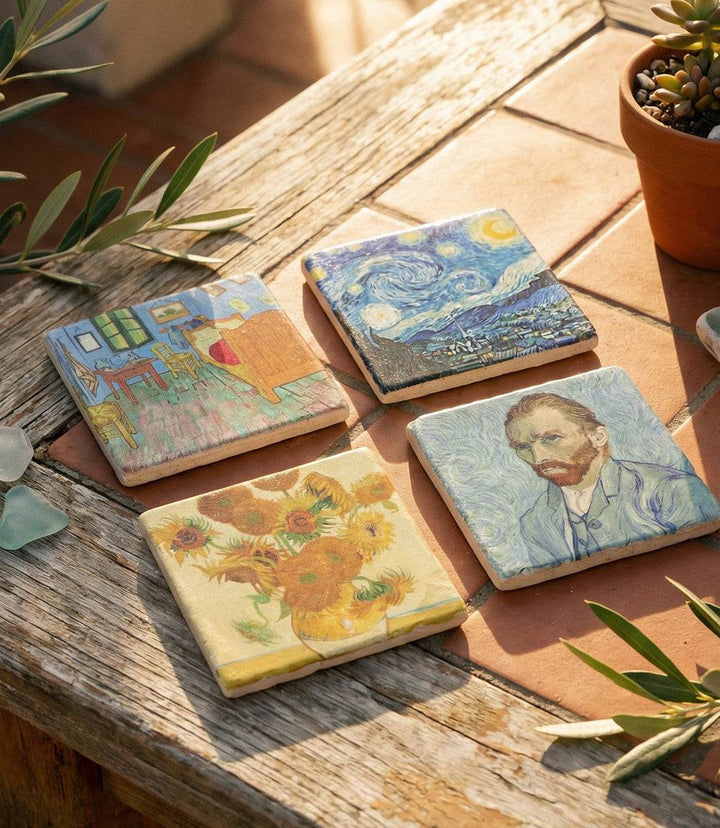 Set of 4 Van Gogh marble coasters featuring Starry Night, Sunflowers, and self-portrait on tumbled stone