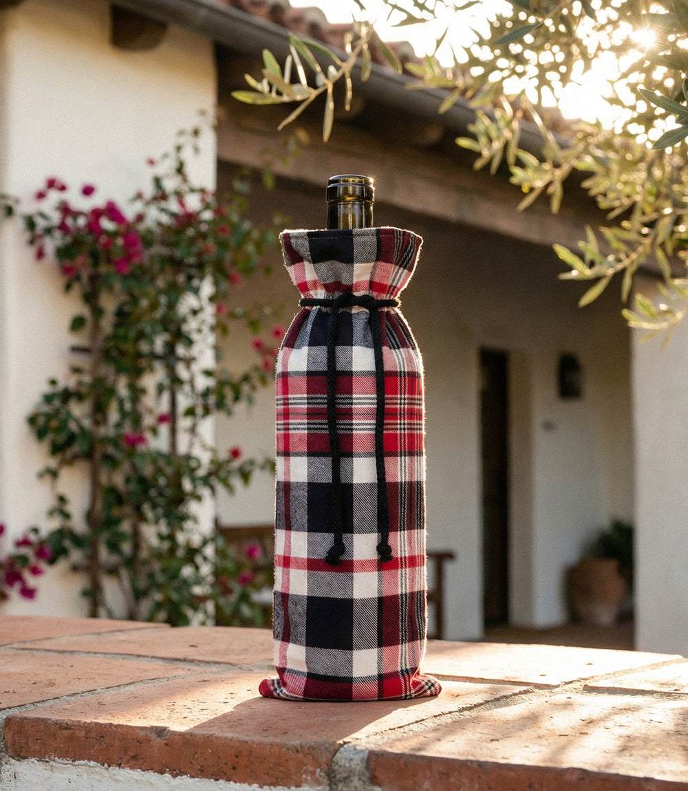 Festive plaid cotton wine bag with drawstring closure for holiday gifting