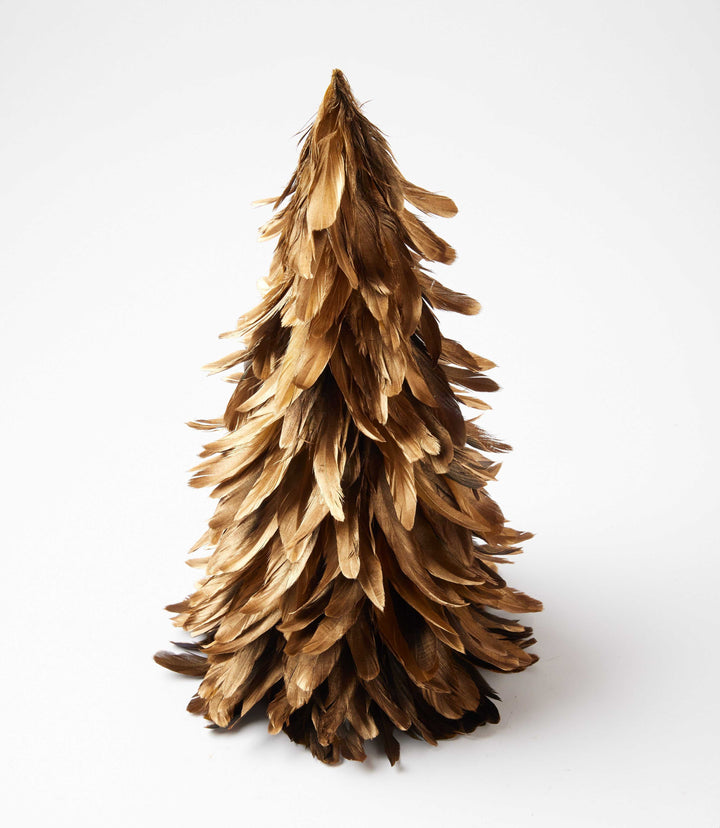 Flocked feather metallic tree with gold-toned soft feathers and shimmer decoration for holiday décor