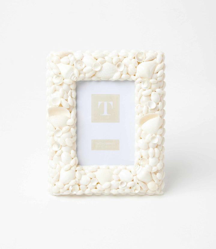 Sea Shell Photo Frame with natural white shells, 5x7 photo size, coastal decor accessory