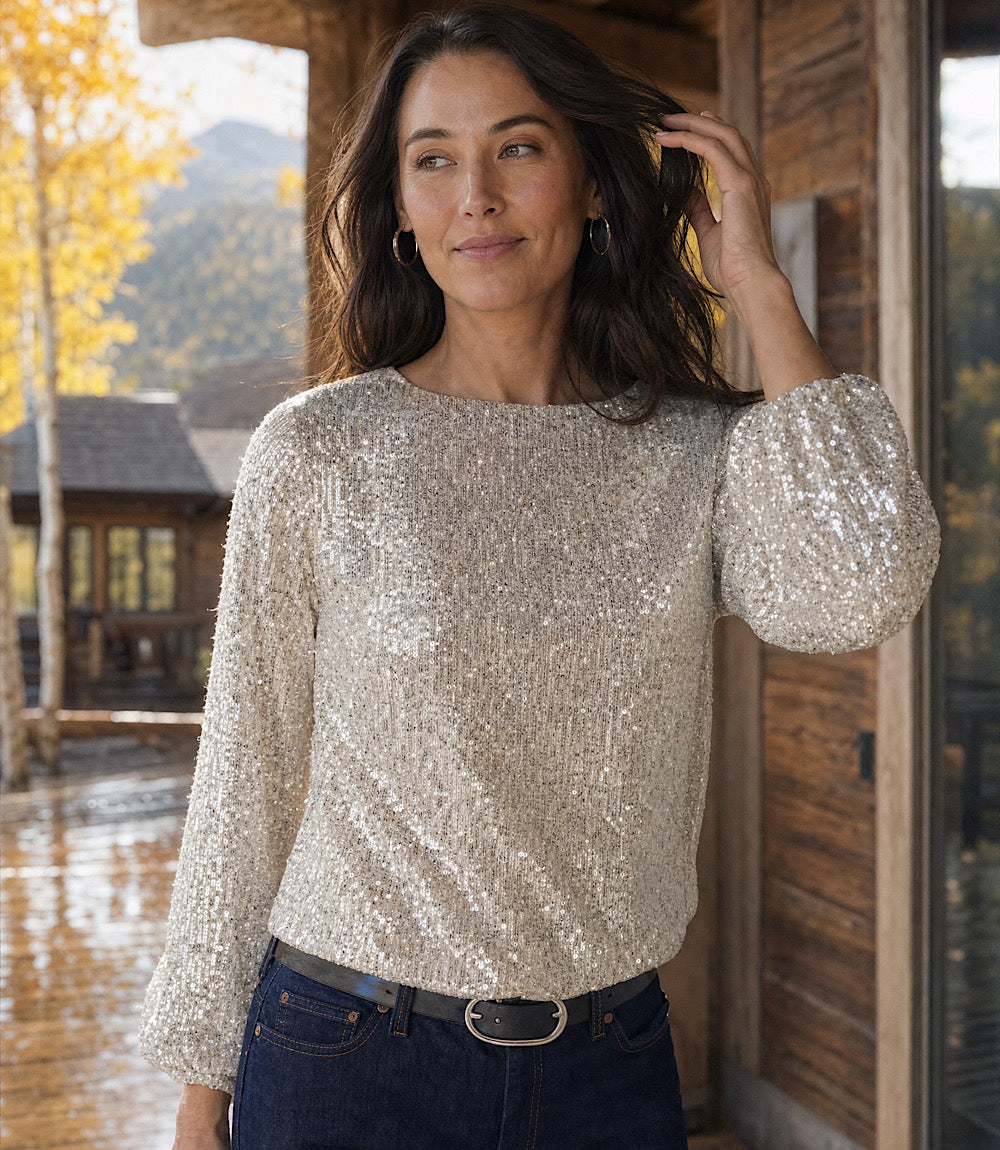 Sequin Blouson Sleeve Boatneck Top