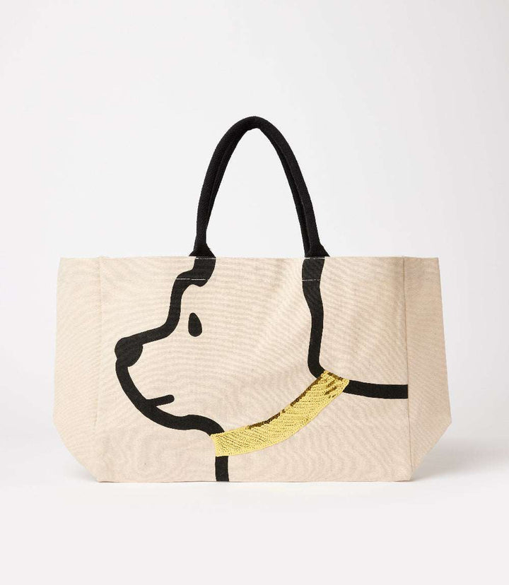 Canvas dog tote bag with black handles and gold sequin collar design