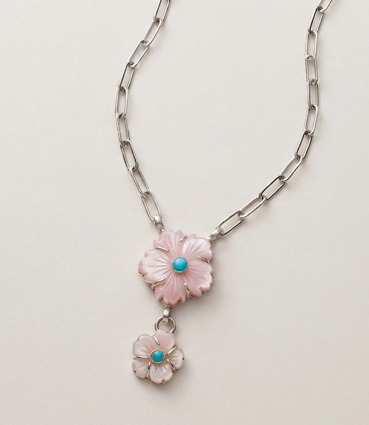Pink Conch And Turquoise Double Flower Necklace