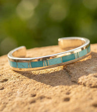 Turquoise Inlay Cuff Bracelet in sterling silver with vibrant turquoise stones and polished finish