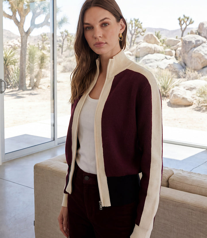 Petite Size Colorblock Zip-Up Cardigan Sweater