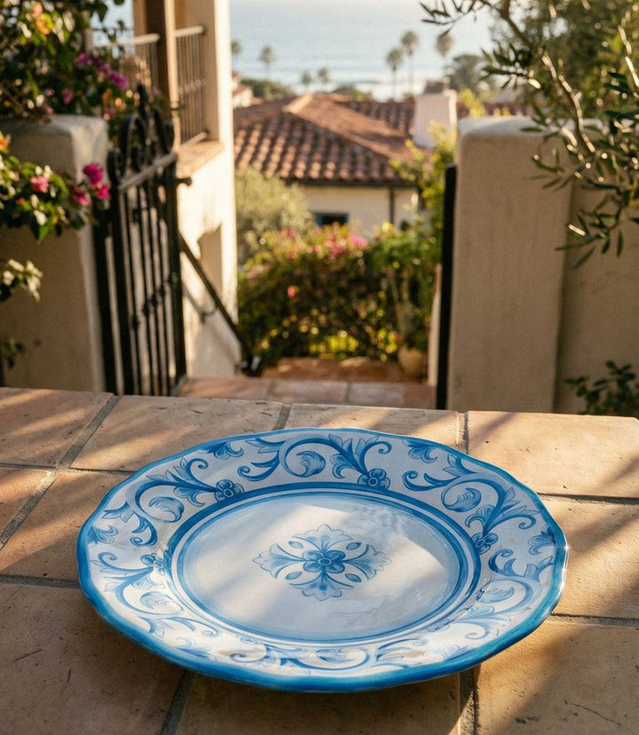 Melamine Mallorca Dinner Plate with vibrant blue floral design, shatter-resistant and dishwasher safe, inspired by Spanish ceramics