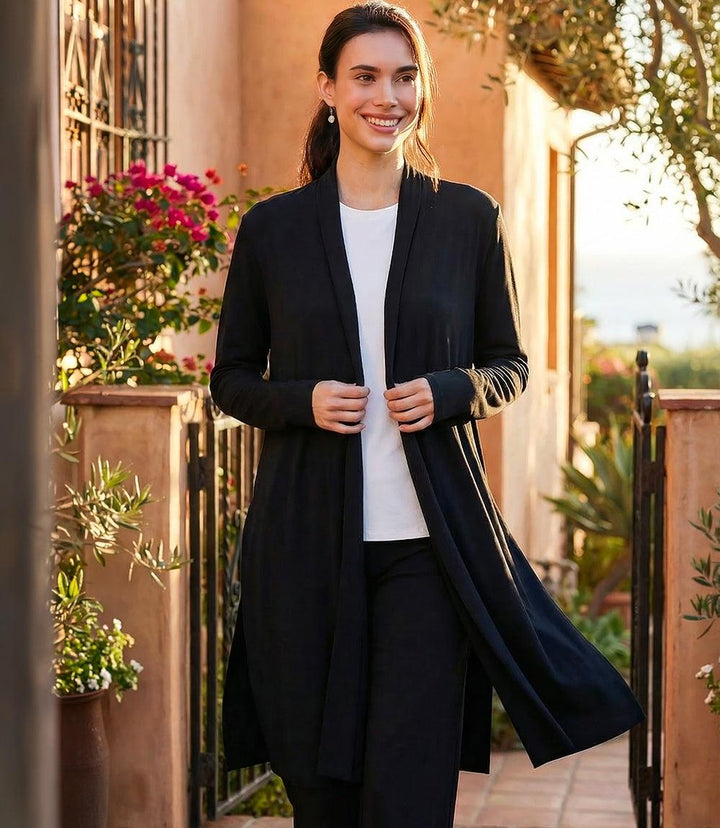 Travel Jersey adjustable zip jacket with open front and side zipper details