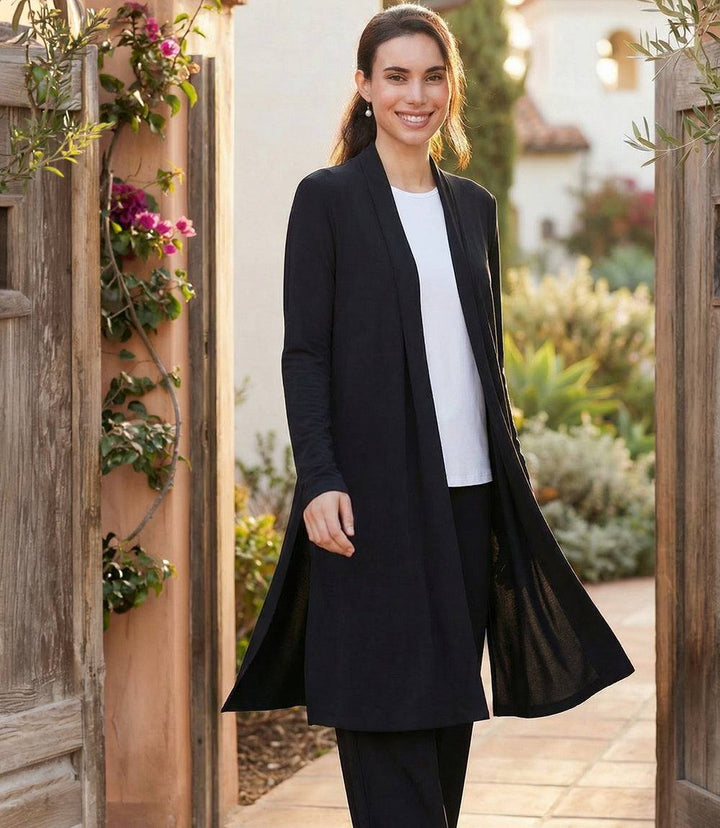 Travel Jersey adjustable zip jacket with open front and side zipper details in soft wrinkle-resistant fabric