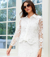 Lace button down soft jacket with floral lace, scalloped edges, and front buttons