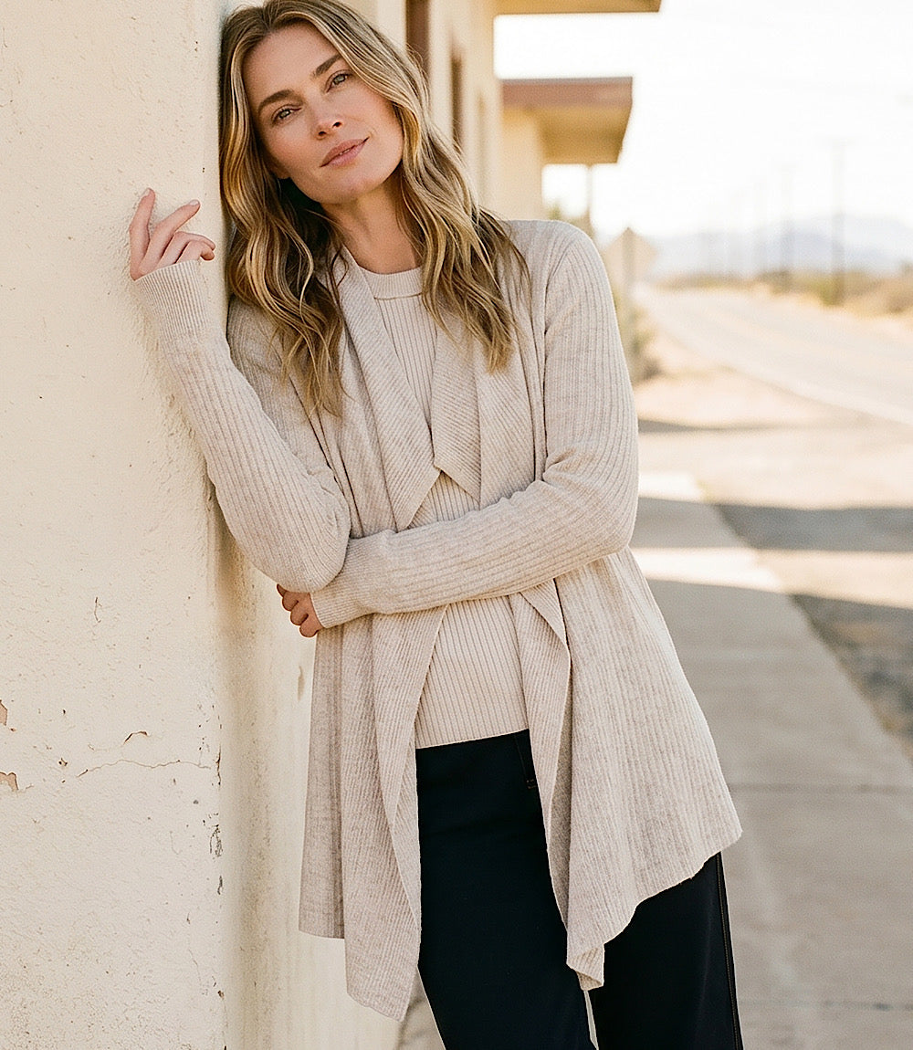 Ribbed Drape Front Cardigan