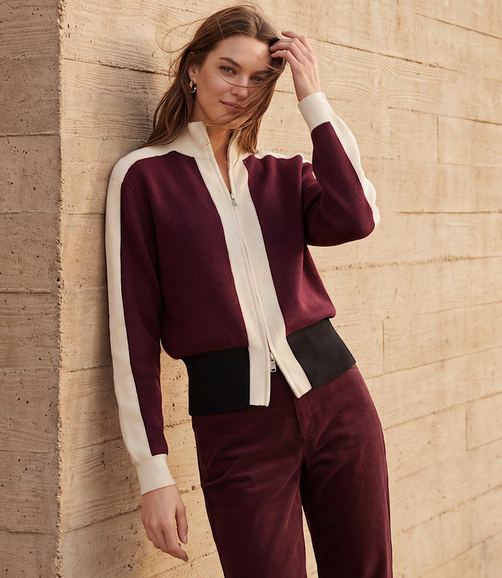 Petite Size Colorblock Zip-Up Cardigan Sweater