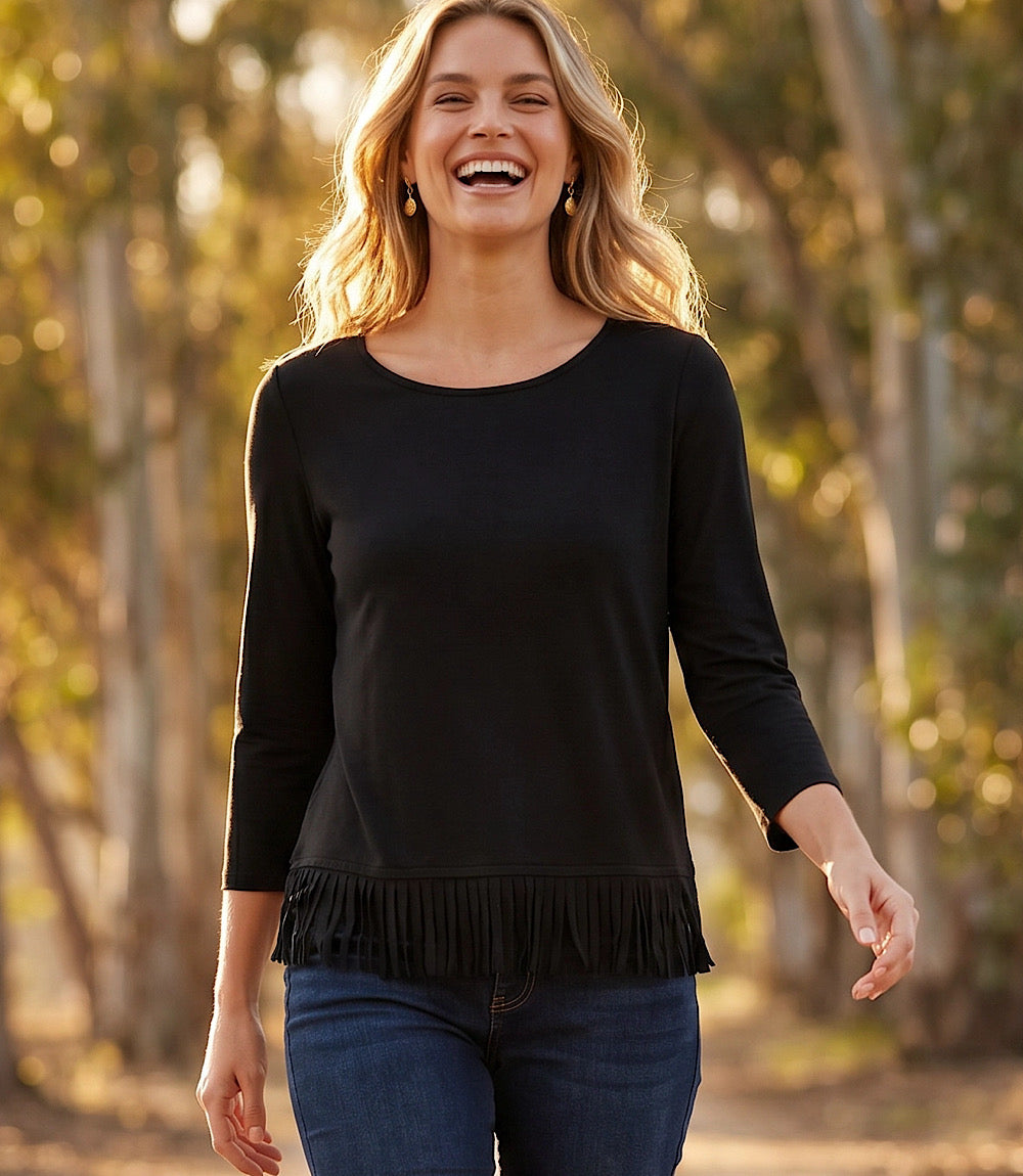 3/4 Sleeve Fringe Boatneck Top