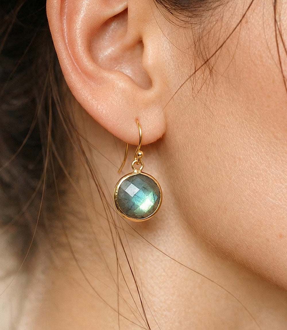 Labradorite disc earrings with faceted blue-green stones and gold-filled hooks
