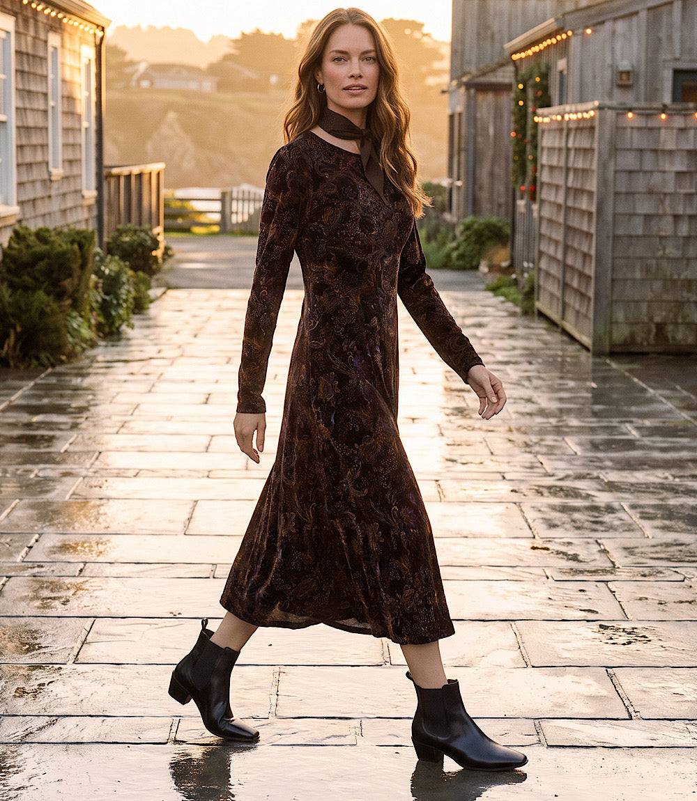 Long Sleeve Velvet Burnout Midi Dress