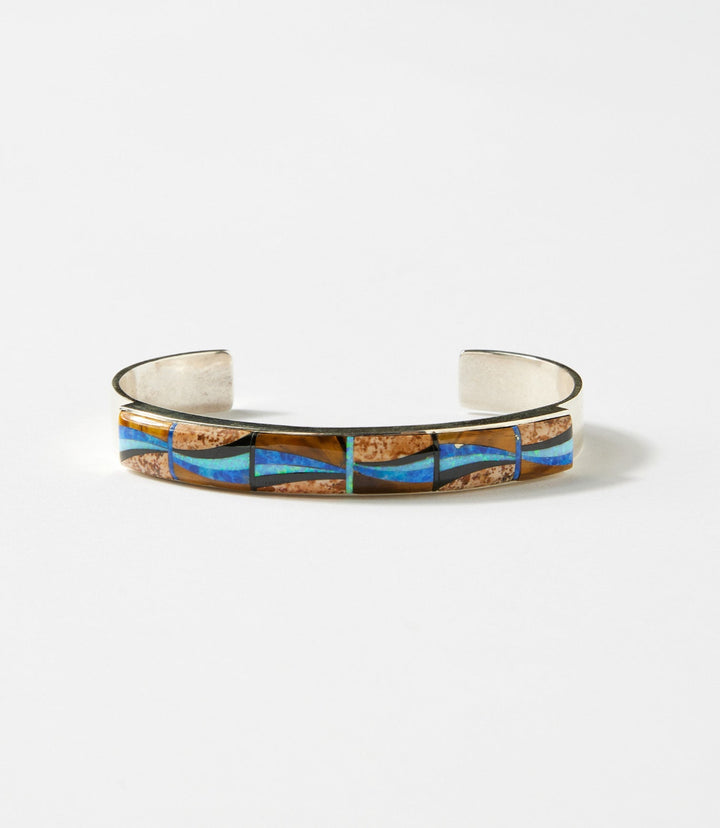 Sterling Silver Jasper And Lapis Wave Inlay Bracelet