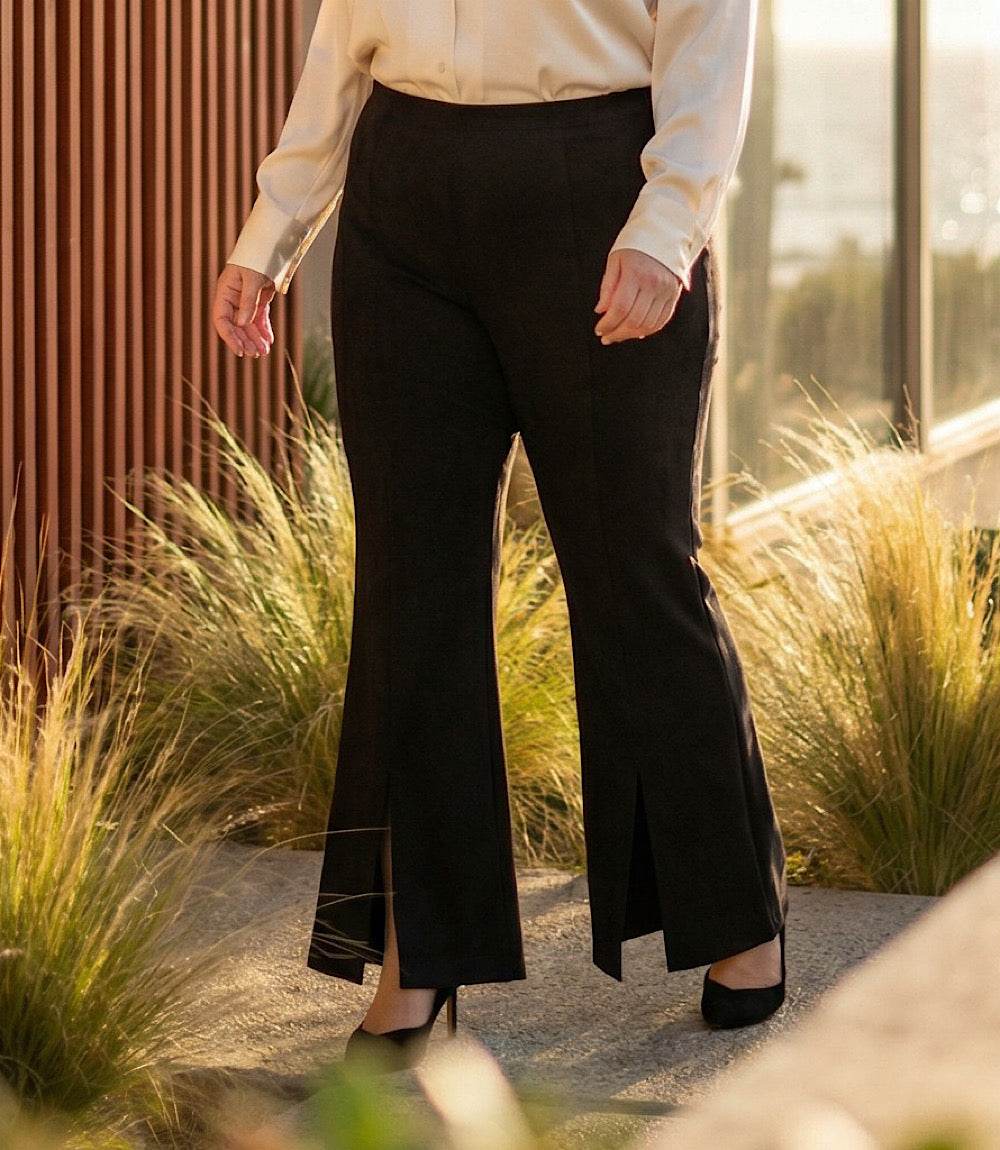Plus Size Faux Suede Pants - Flared Front Slit Pants for Women