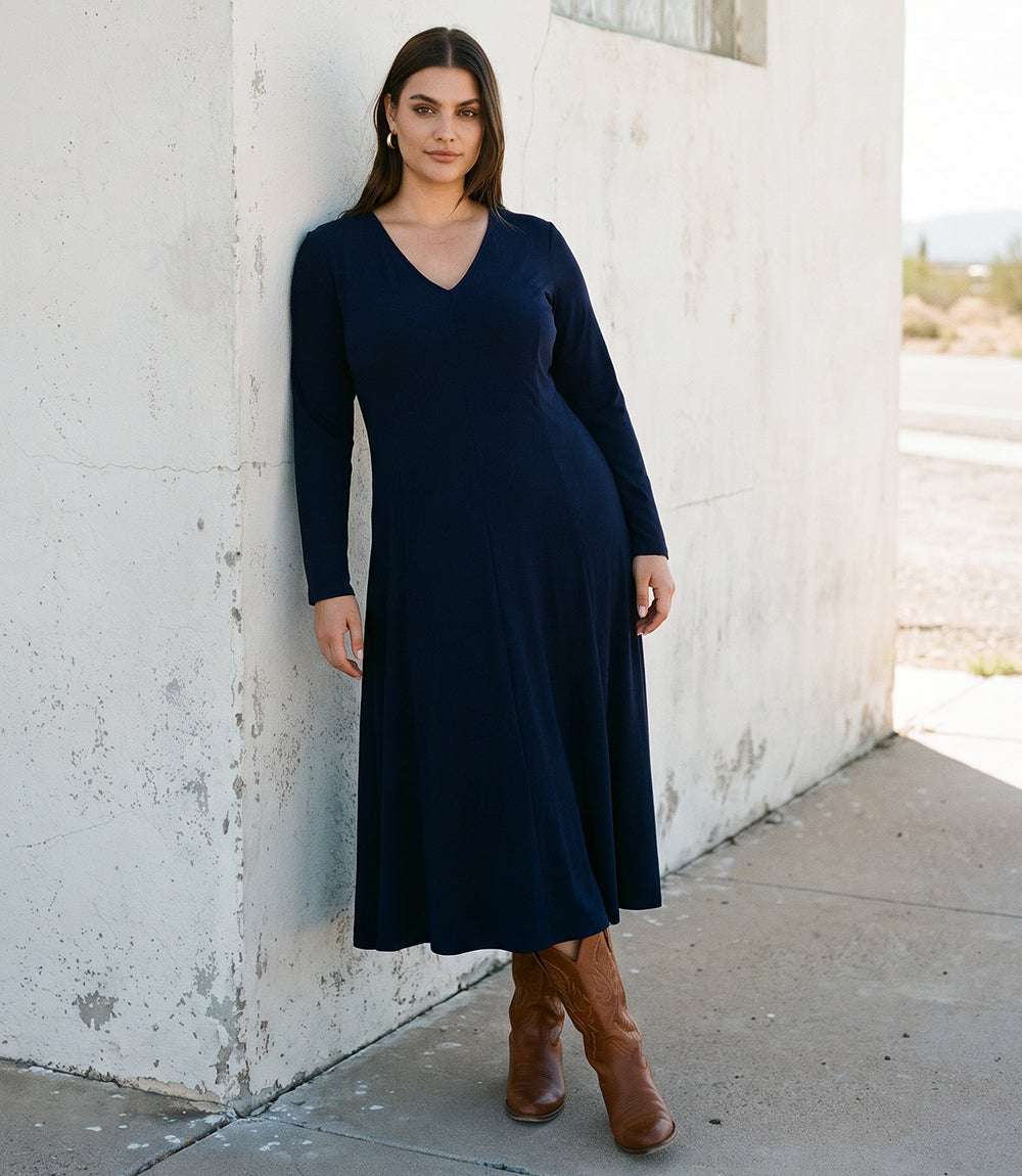 Plus Size Kate V-Neck Midi Travel Jersey Dress
