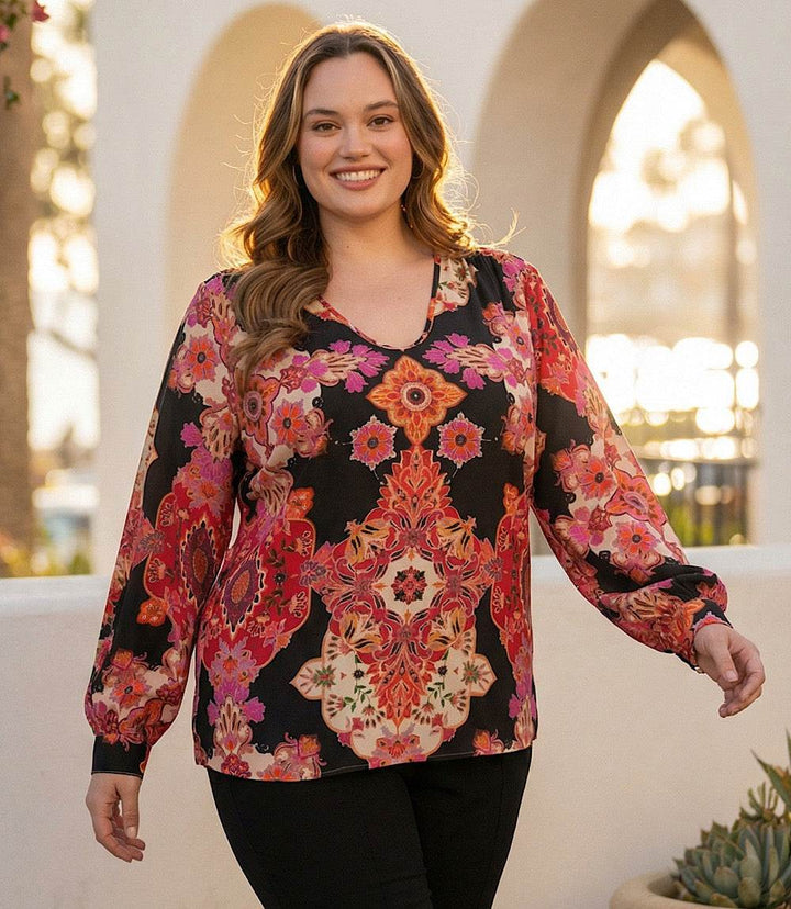 Plus Size Long Sleeve Shirred Blouse
