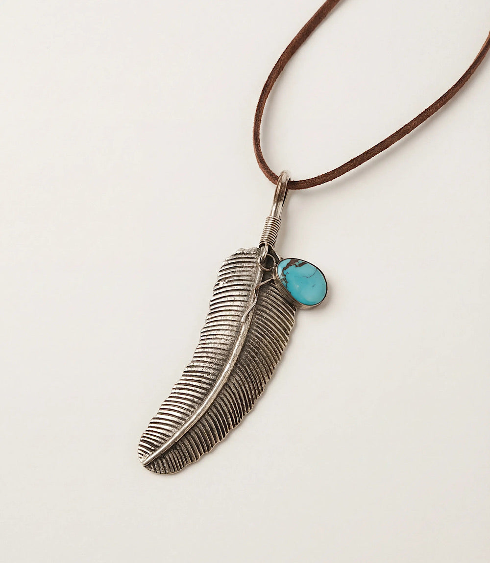 Leather Cord Feather Kingman Turquoise Necklace