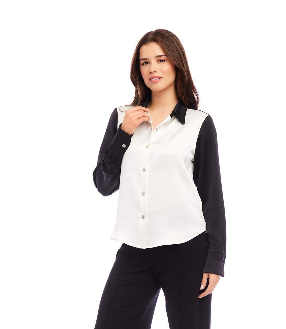 Long Sleeve Satin Colorblock Shirt
