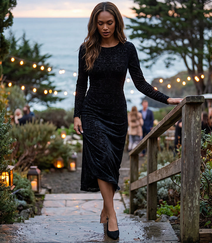 Long Sleeve Velvet Burnout Midi Dress
