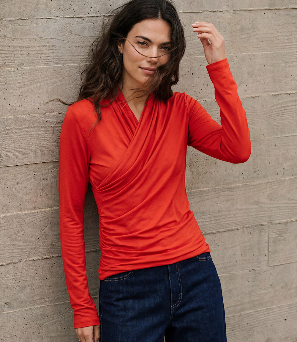Long Sleeve Crossover Side-Shirred Top