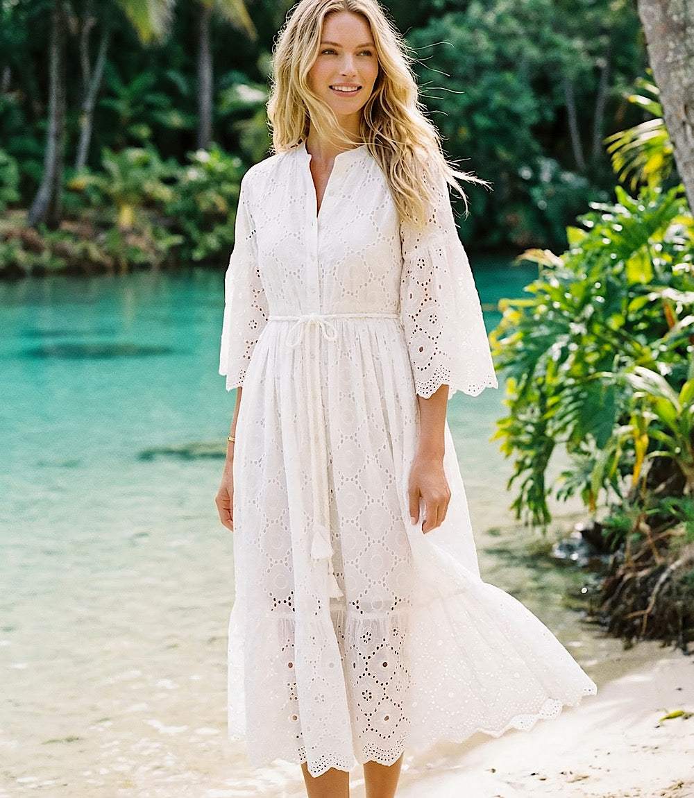 Karen Kane Women's Tiered Midi Dress, Large, L, Off White, Embroidered, 100% Cotton