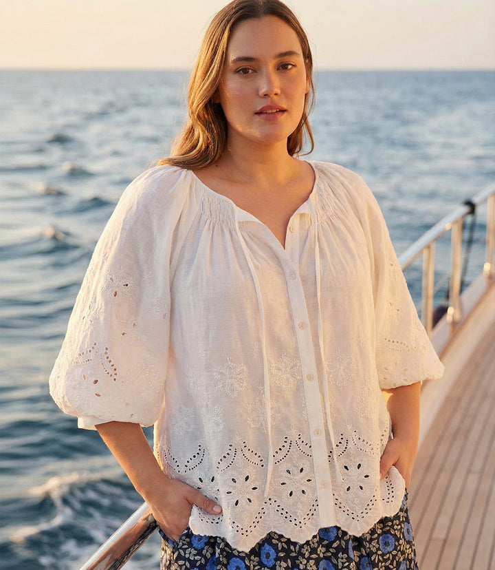 Plus Size Puff Sleeve Embroidered Top