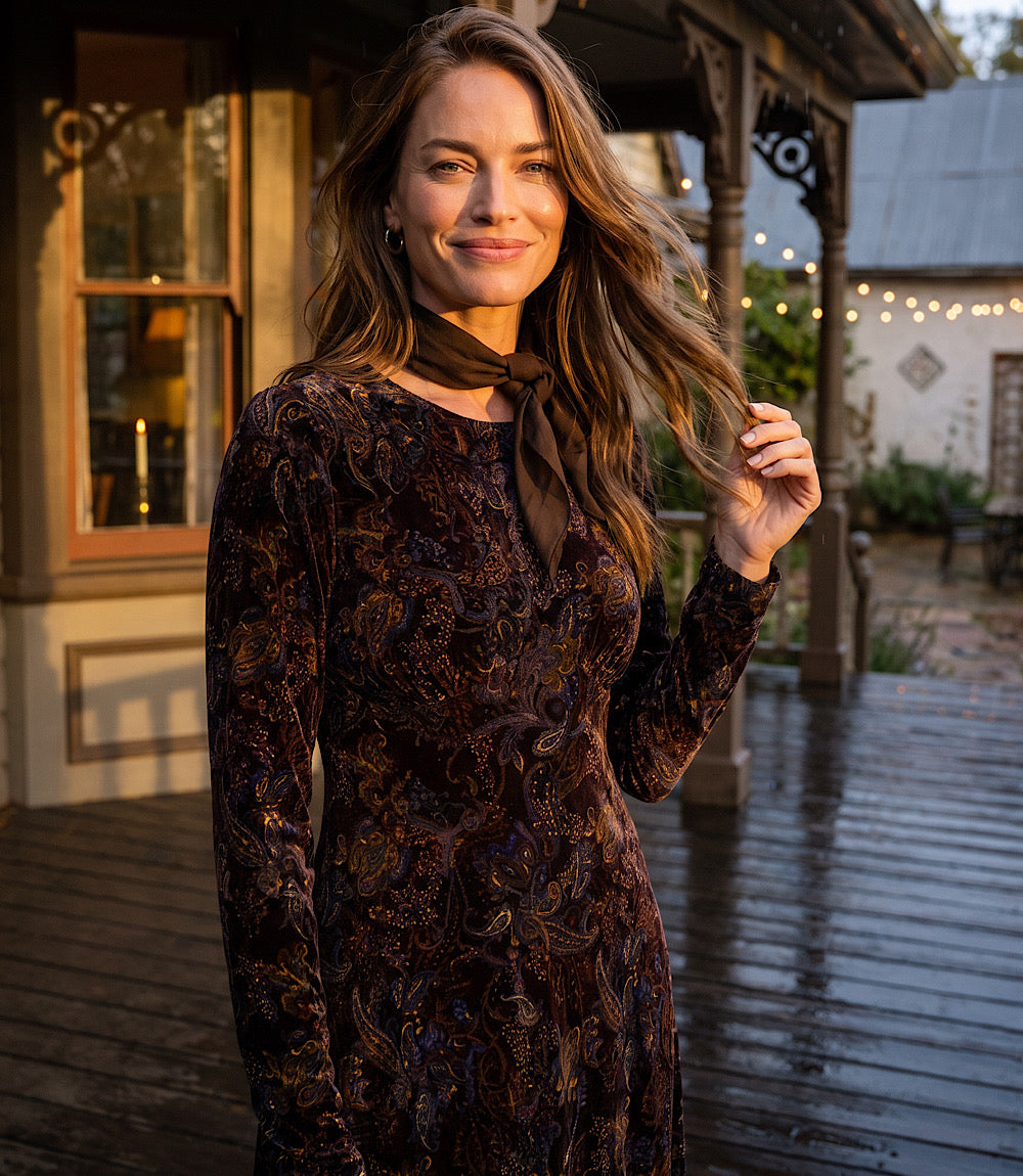 Long Sleeve Velvet Burnout Midi Dress