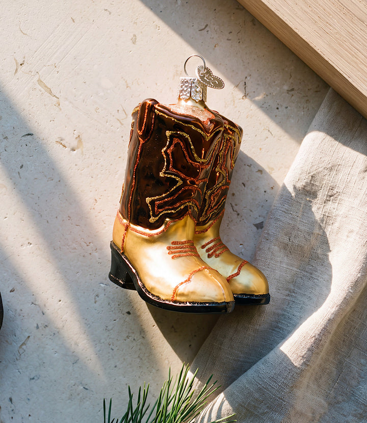 Brown Pair Of Cowboy Boots Glass Ornament