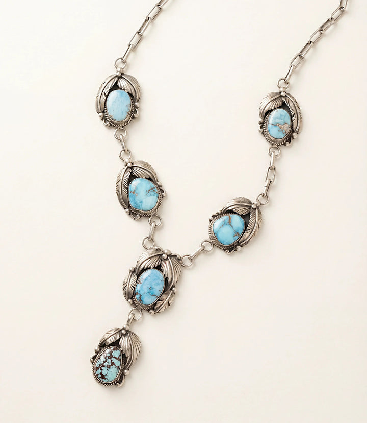 Feather Embellished Turquoise Lariat Necklace