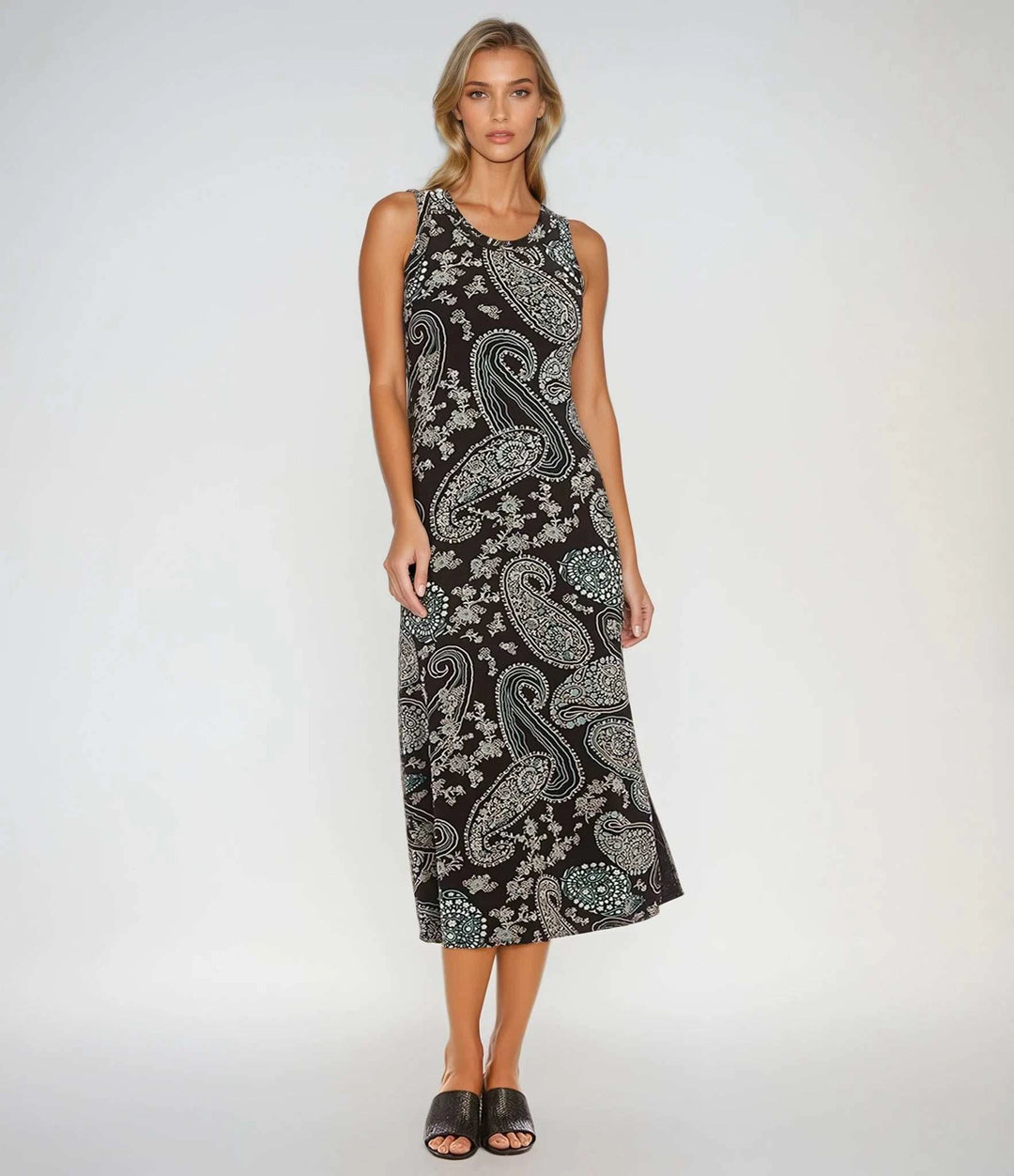 Sleeveless Midi Dress - Elegant Blue Paisley Print Midi Dress Karen Kane Sleeveless Midi Dress - Elegant Blue Paisley Print Midi Dress Karen Kane