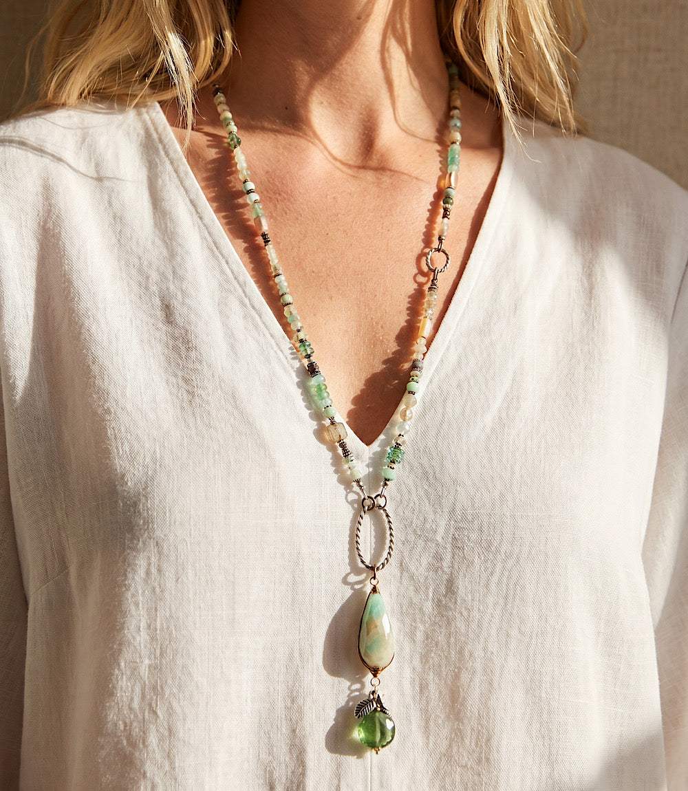 Venetian Dream Gemstone Necklace with aqua stones and antique silver clasp on intricate chain
