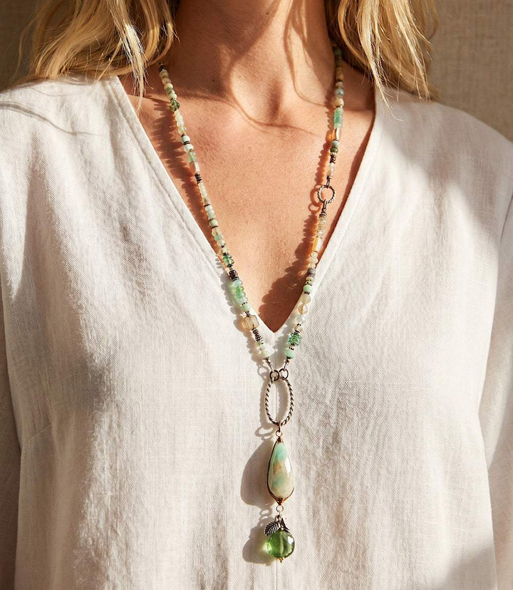 Venetian Dream Gemstone Necklace with aqua stones and antique silver clasp on intricate chain