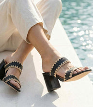 Seychelles Hattie Raffia Heel Sandals in black with double raffia straps and stacked block heel
