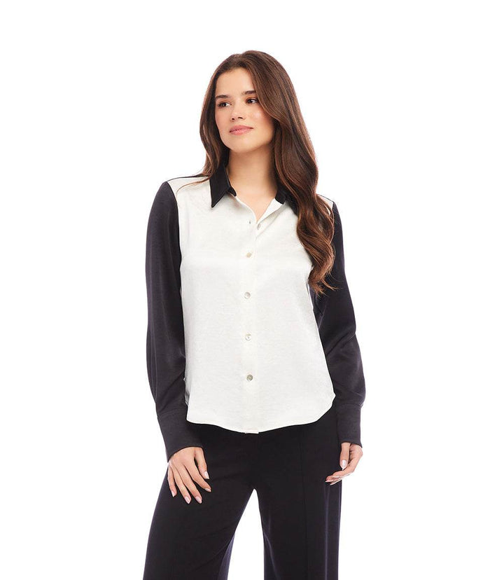 Long Sleeve Satin Colorblock Shirt