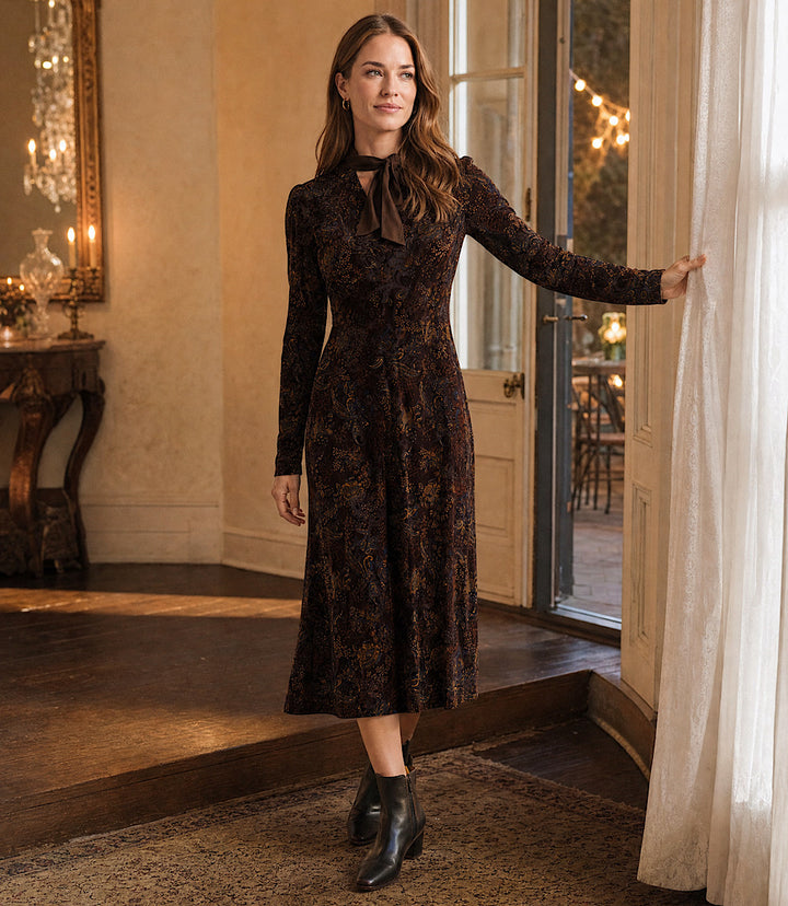 Long Sleeve Velvet Burnout Midi Dress
