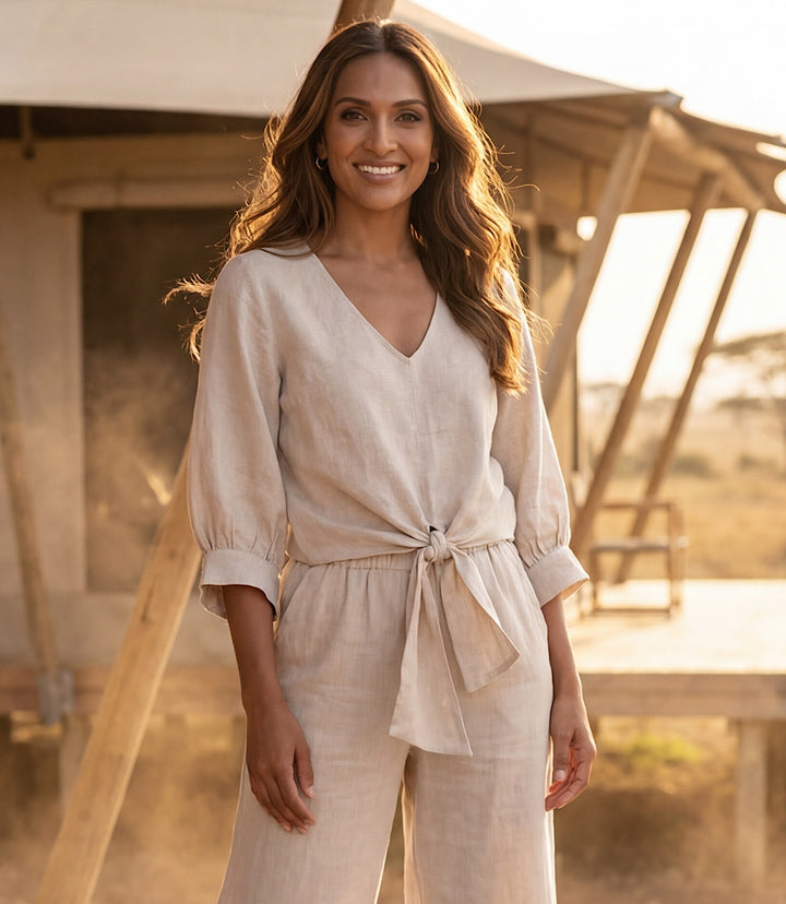 Blouson Sleeve Linen Tie-Front Top