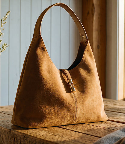 A tan suede hobo shoulder bag with a gold-tone metal clasp and a matching leather strap, resting on a rustic wooden table in a warm, sunlit setting.
