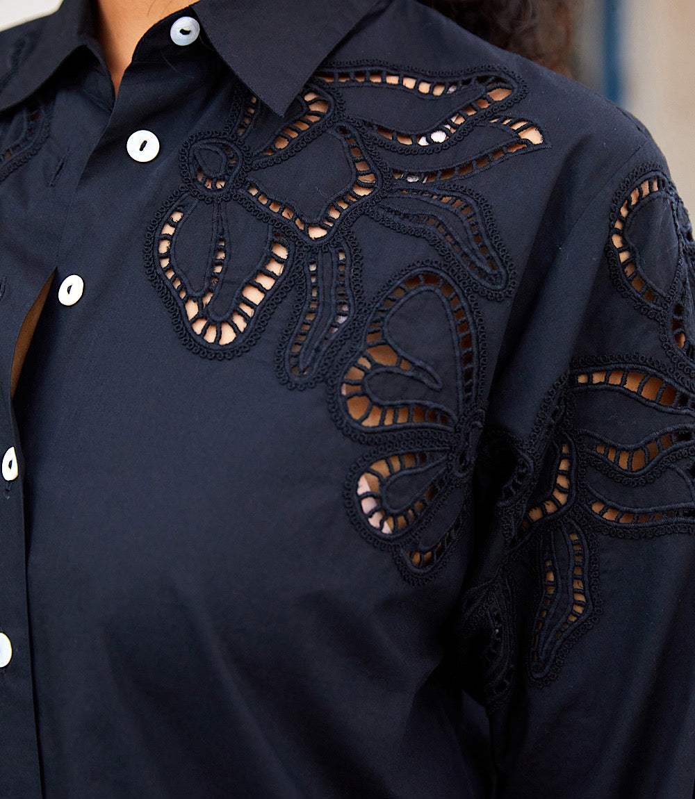 Long Sleeve Cutout Embroidery Shirt