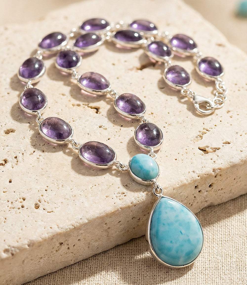 Elegant larimar and amethyst necklace with blue and purple stones and adjustable clasp