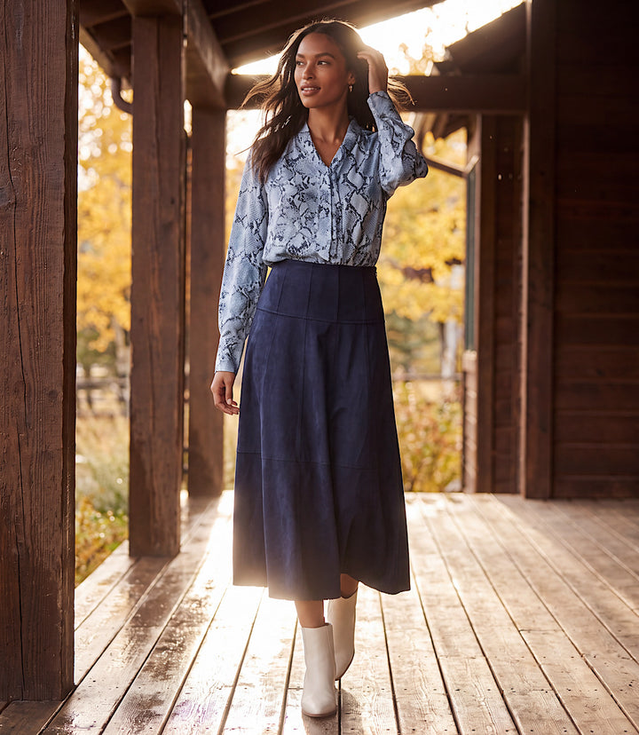 Tiered Faux Suede Midi Skirt