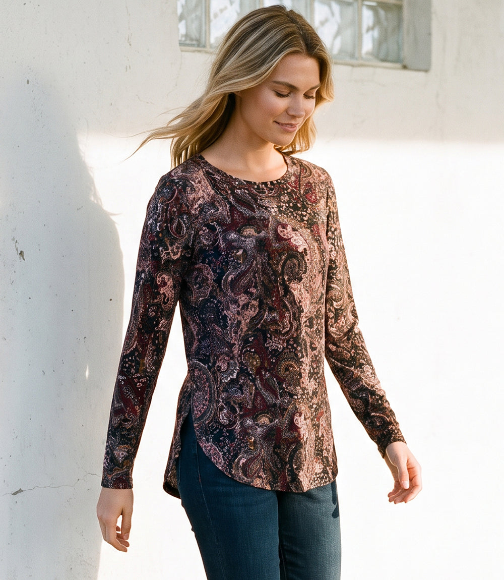 Long Sleeve Velvet Burnout Shirttail Top