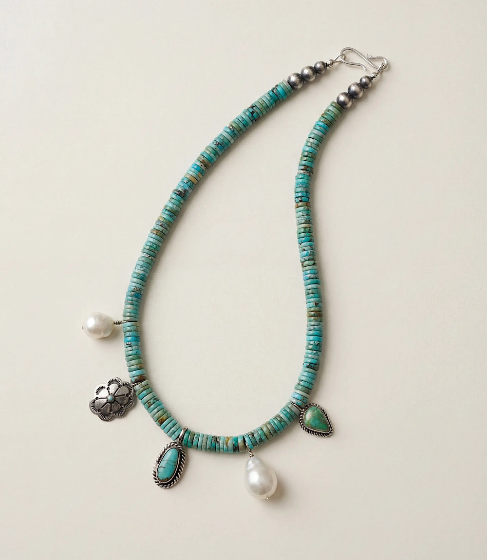 Vintage Turquoise And Pearl Charm Beaded Necklace