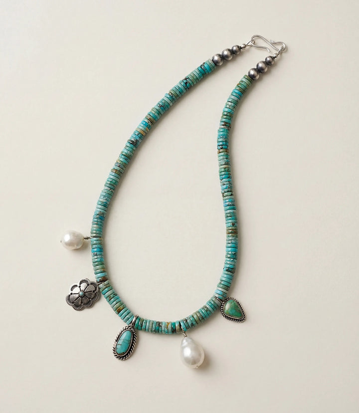 Vintage Turquoise And Pearl Charm Beaded Necklace