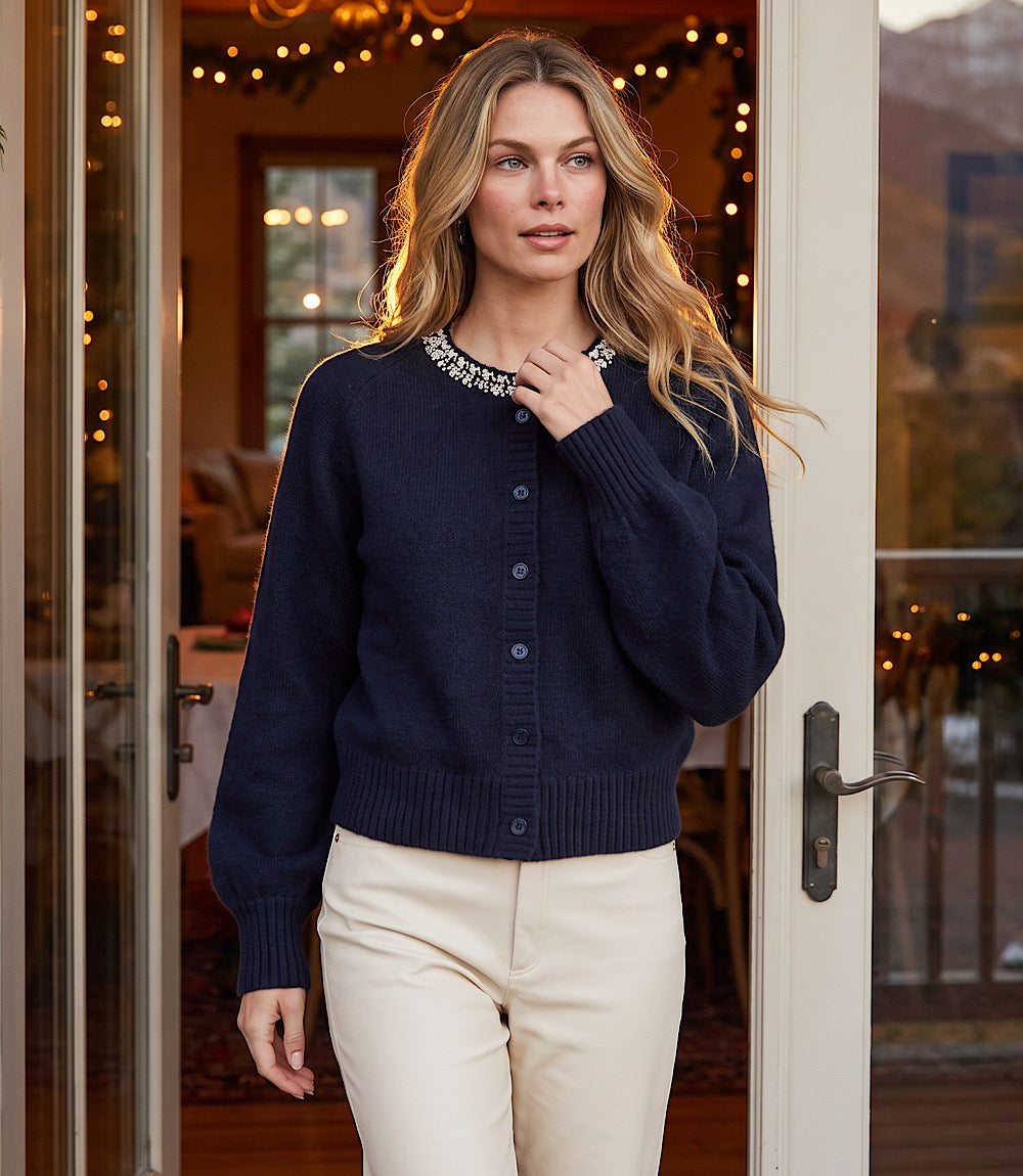 Embellished Crewneck Cardigan Sweater