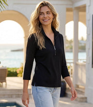 Petite Size 3/4 Sleeve Zip-Up Travel Jersey Top with stand collar and front zipper in sleek black fabric
