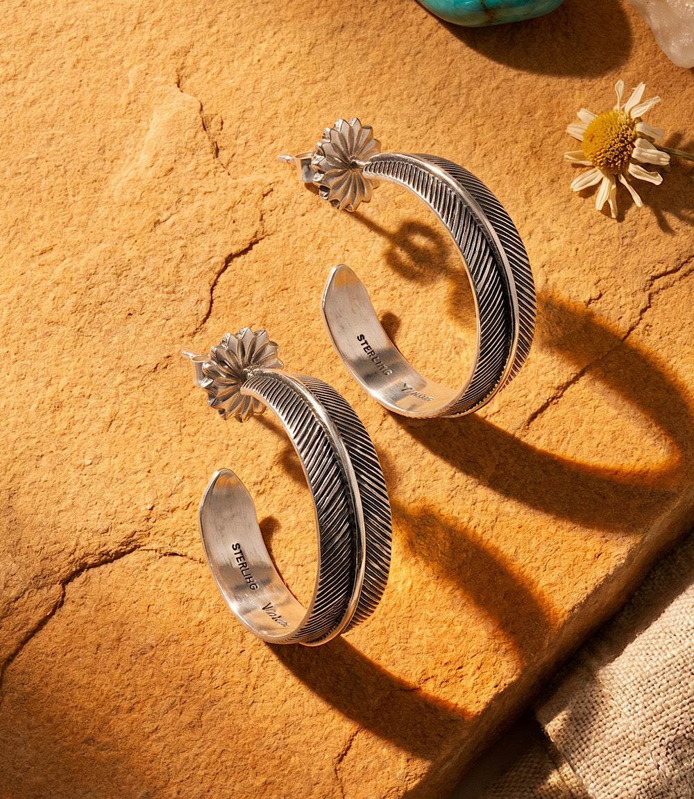Sterling Silver Feather Hoop Earrings